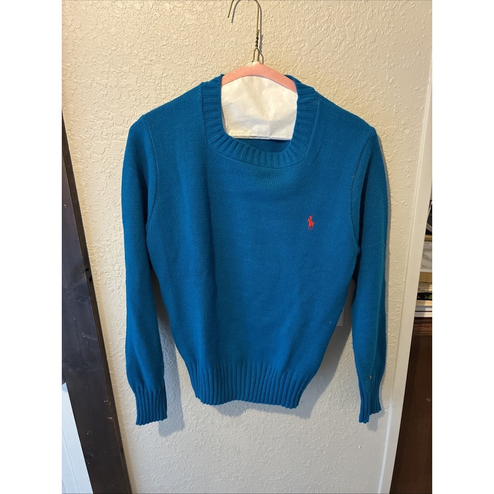 Vtg Women's polo by ralph lauren blue sweater med red polo label 100% acrylic